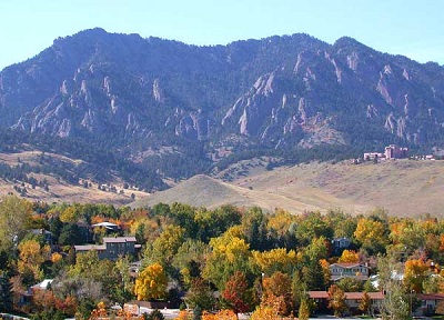 Residential neighborhood in Boulder with Flatirons as backdrop