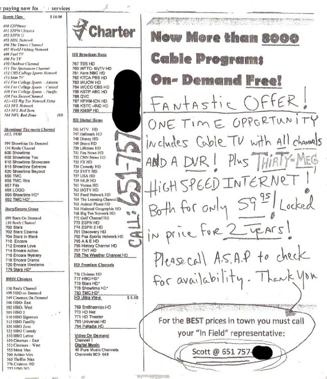 Charter's rate sheet